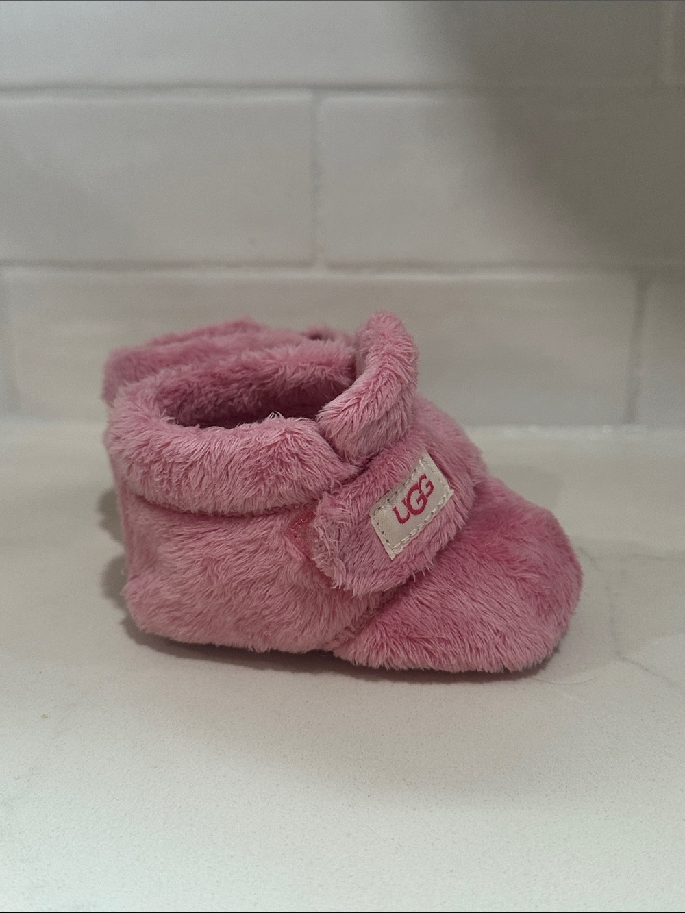 UGG Pink Plush Infant Booties with Hook-and-Loop Strap